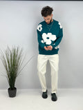 Pull col arrondi " fleur " green/pin