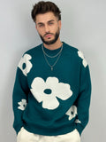 Pull col arrondi " fleur " green/pin