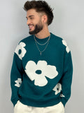 Pull col arrondi " fleur " green/pin