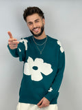 Pull col arrondi " fleur " green/pin