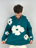 Pull col arrondi " fleur " green/pin