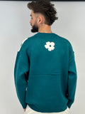 Pull col arrondi " fleur " green/pin